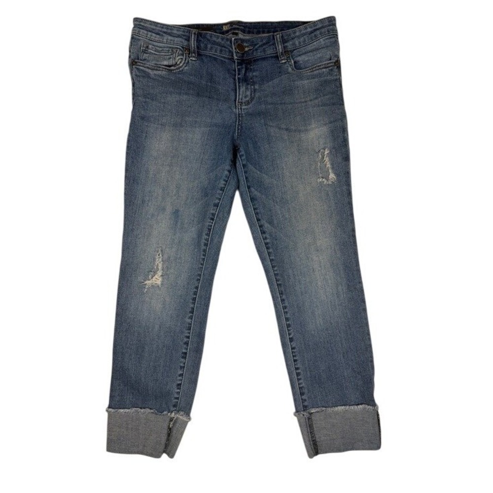 KUT from‎ the Kloth Boyfriend Jeans Size 8 Blue Distressed Cuffed Raw Hem Denim